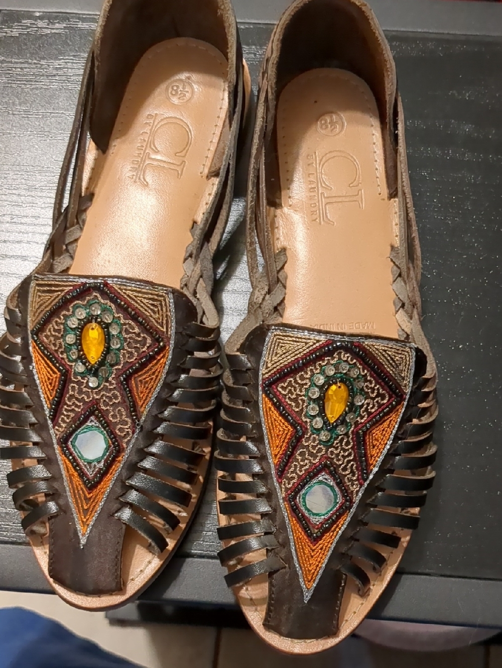 CL by Laundry Brown Beaded Tribal Huarache Sandals with Multicolor Gems